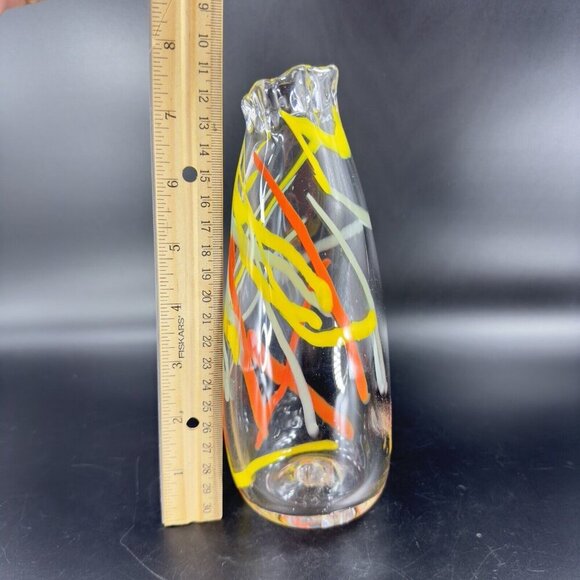 Hand Blown Studio Art Glass Swung Vase Clear Multicolor Swirls Hand Made Glass - Picture 5 of 16